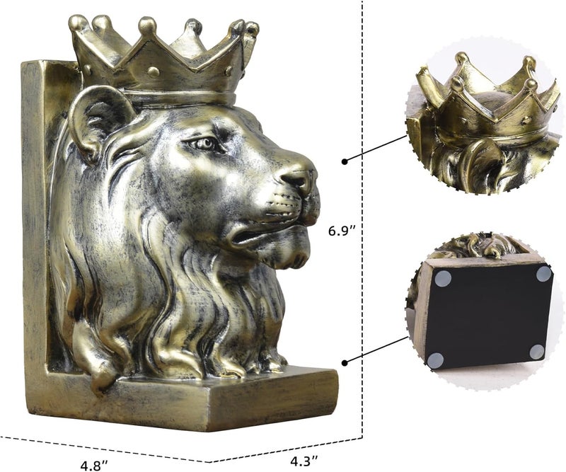 Kakizzy Vintage Gold Lion Book Ends,Animal Decorative Bookends,Resin Book Holder,Luxurious Book Ends for Shelves Rooms Office Home Decor,Unique Book Lover Gift(Gold Lion) - Image 3